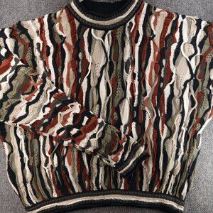 Coogi Australia Sweater Men Knit 3D Crew Neck Mercerised Cotton Brown White L